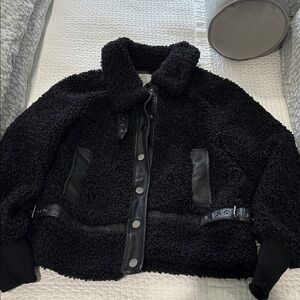 DH New York Palmer Teddy Bomber Jacket Leather Trim Full Zip Black Women's S